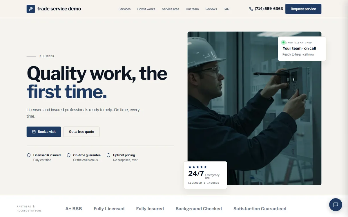 Trade Services live demo — homepage